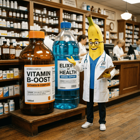 Cartoon banana character dressed as a doctor standing beside oversized vitamin B-complex and health elixir bottles in a pharmacy