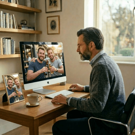 An older man sitting at a desk looking at a computer screen and photo frame showing two younger men smiling and holding beer bottles