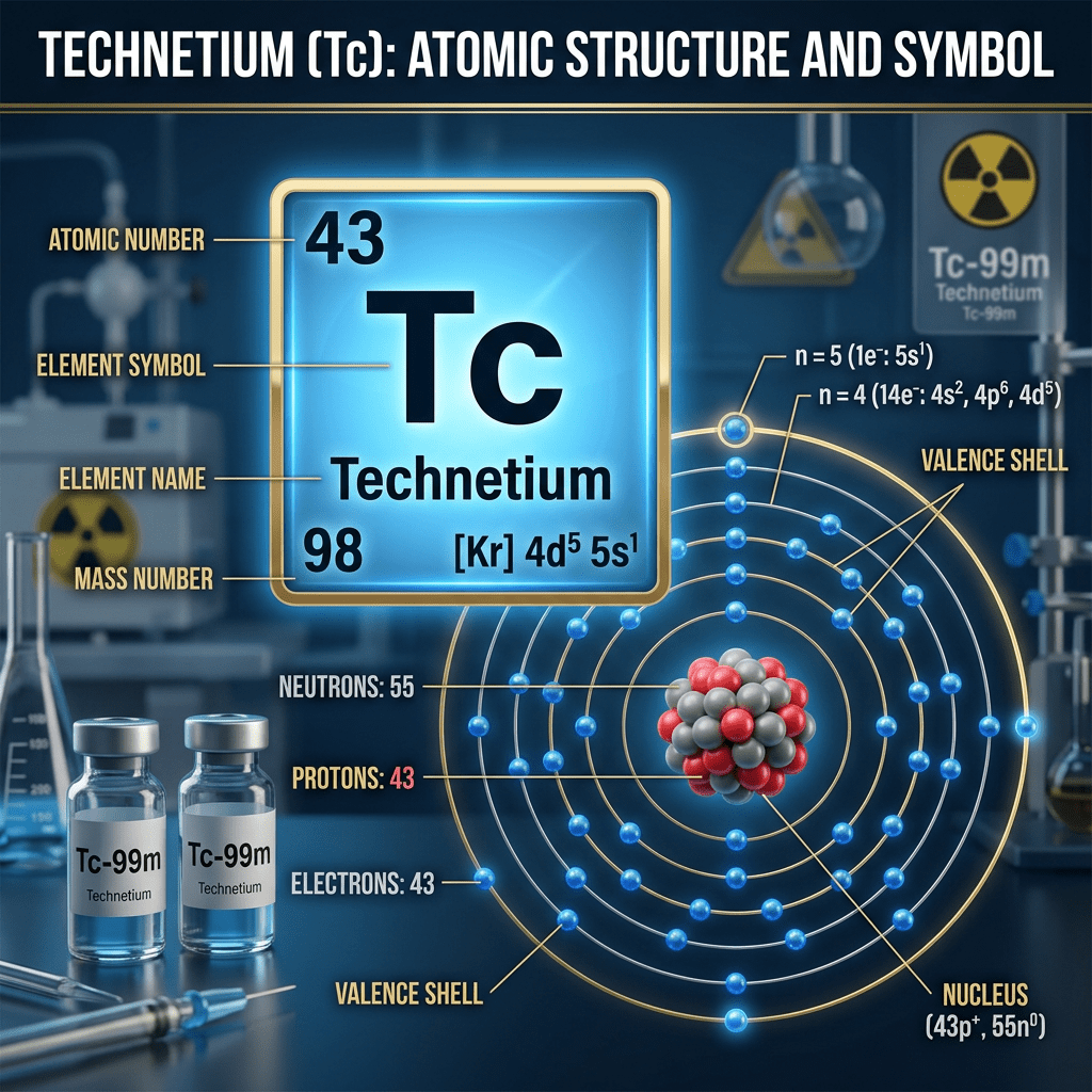 Diagram showing atomic number 43, symbol Tc, name Technetium, mass number 98, and electron configuration with valence shells