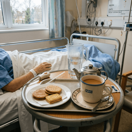 Hospital room with patient resting and tray holding tea, biscuits, and water glass