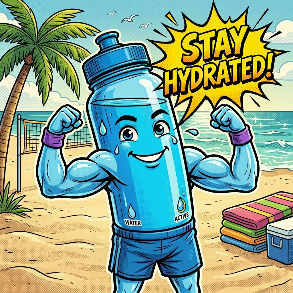 Muscular water bottle character flexing muscles in gym saying Stay Hydrated